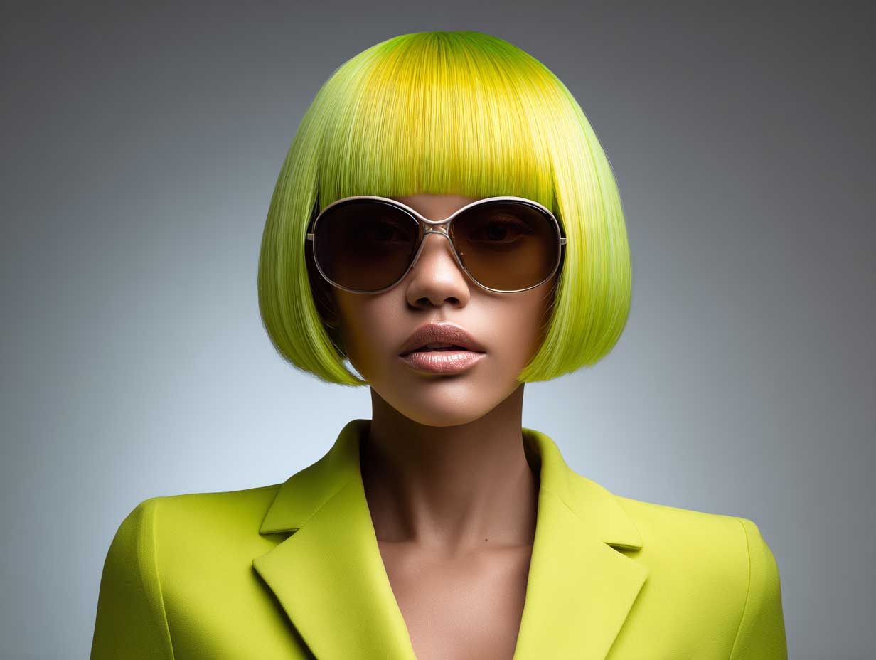 portrait of a fashionable woman with an oval face, neon yellow blunt bob with straight bangs, matte makeup, dark sunglasses, sporty crop jacket, clean studio background with soft shadows
