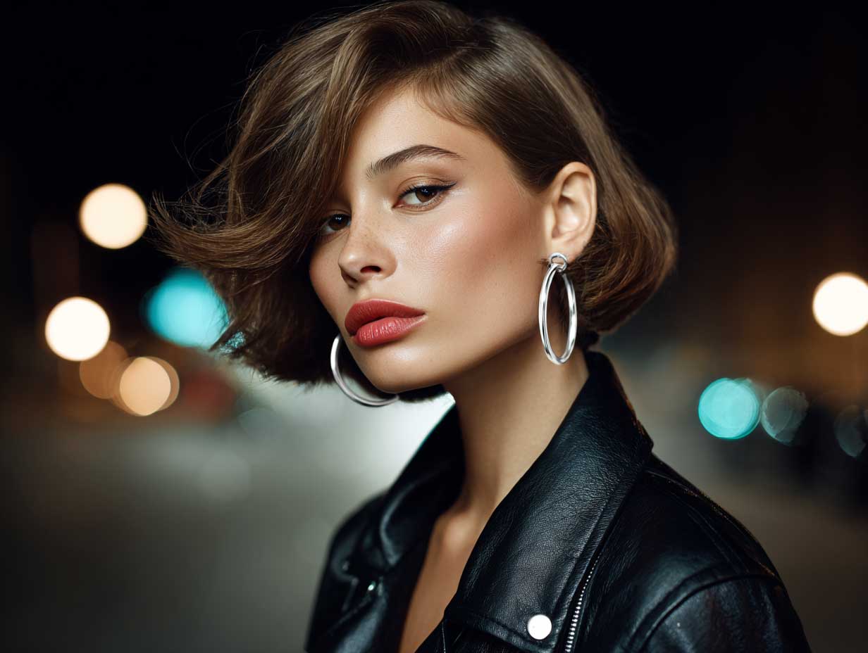 fashion portrait of a woman with a round face, voluminous side-part bob, fierce makeup, silver hoop earrings, leather jacket, city night background, moody lighting