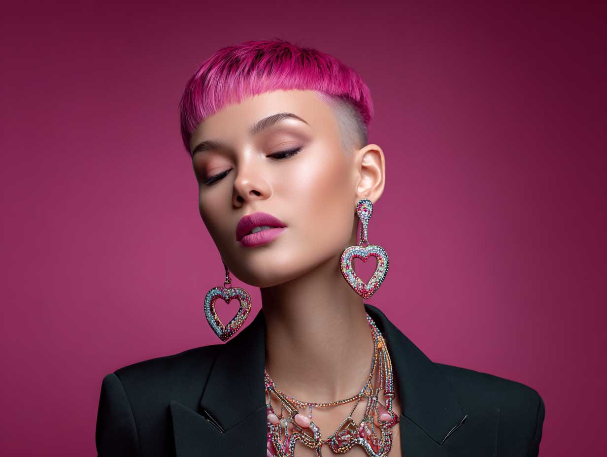 portrait of a confident woman with a heart shaped face, bright pink asymmetrical lob haircut, blunt ends, bold makeup, oversized earrings, edgy fashion outfit, glowing lighting, vibrant background
