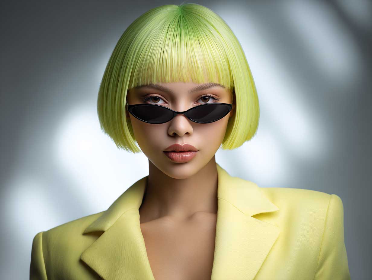 portrait of a fashionable woman with an oval face, neon yellow blunt bob with straight bangs, matte makeup, dark sunglasses, sporty crop jacket, clean studio background with soft shadows