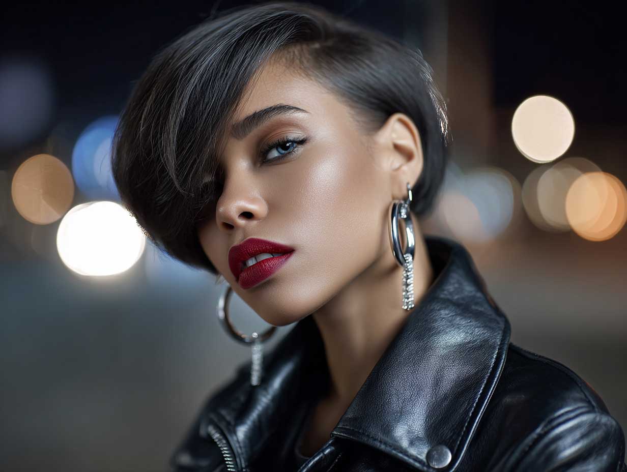 fashion portrait of a woman with a round face, voluminous side-part bob, fierce makeup, silver hoop earrings, leather jacket, city night background, moody lighting