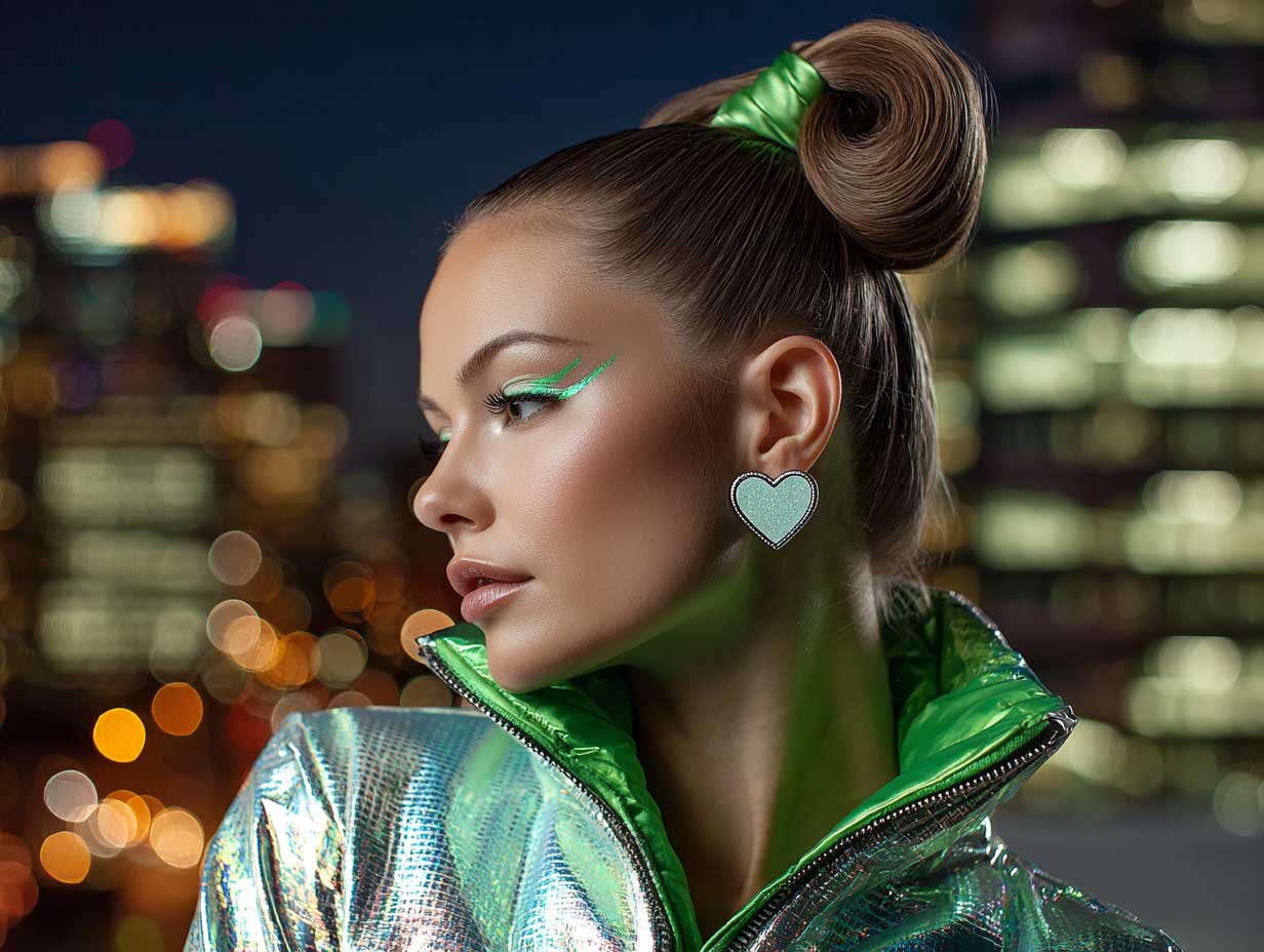 stylized photo of a fierce woman with a heart shaped face, high ponytail in electric green, curled ends, winged eyeliner, holographic jacket, city lights background, moody cinematic glow
