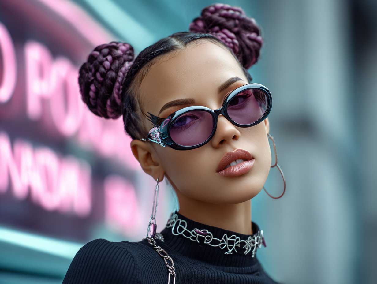 stylish young woman with an oval face, ultraviolet hair styled in space buns with braided underlayers, graphic eyeliner, street fashion, futuristic setting with neon signage