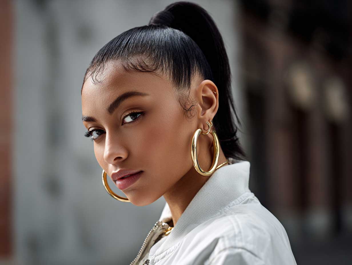 portrait photo of a stylish young woman with a round face, high sleek ponytail with sharp baby hairs, smooth makeup look, wearing gold hoop earrings, streetwear outfit, urban background, cinematic lighting