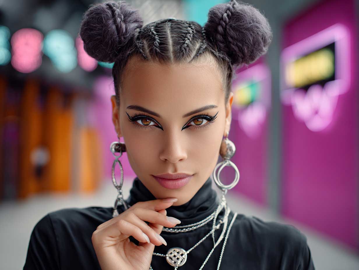 stylish young woman with an oval face, ultraviolet hair styled in space buns with braided underlayers, graphic eyeliner, street fashion, futuristic setting with neon signage