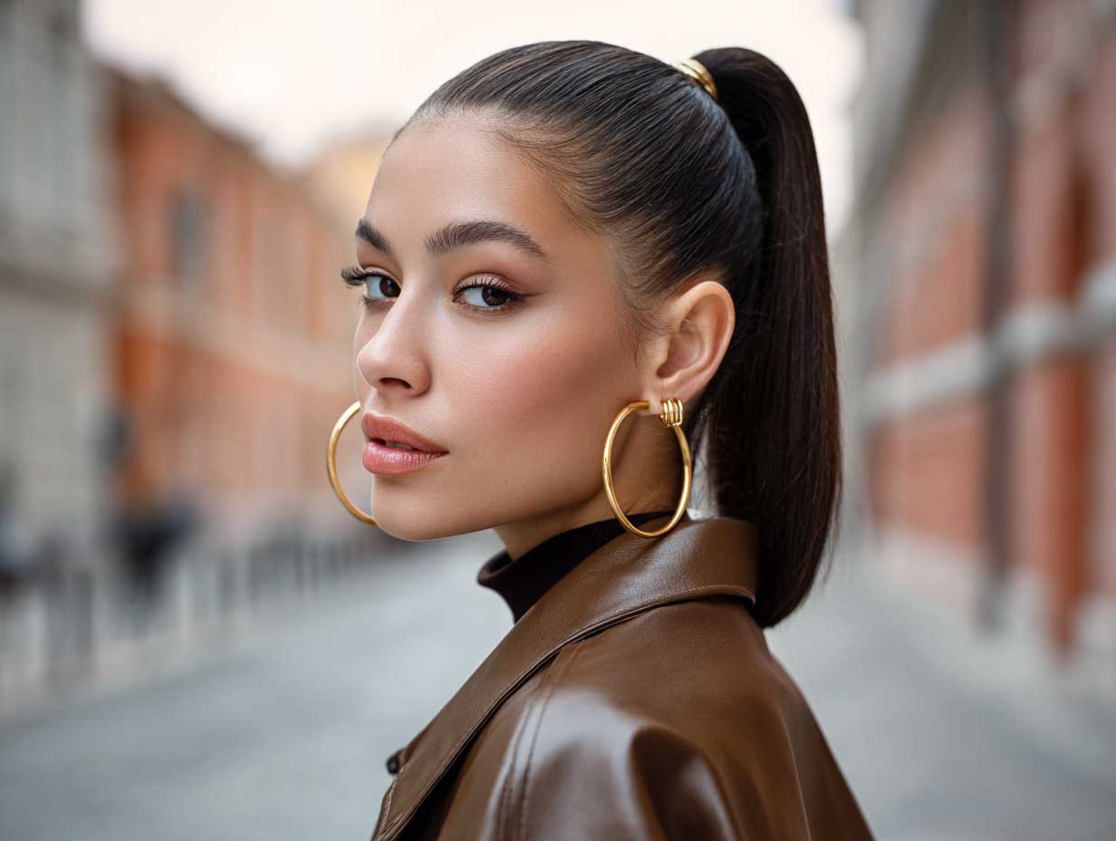 portrait photo of a stylish young woman with a round face, high sleek ponytail with sharp baby hairs, smooth makeup look, wearing gold hoop earrings, streetwear outfit, urban background, cinematic lighting