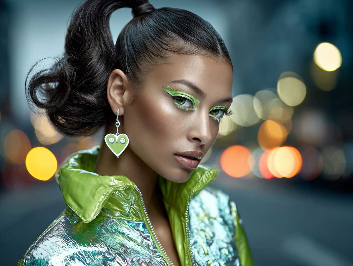 stylized photo of a fierce woman with a heart shaped face, high ponytail in electric green, curled ends, winged eyeliner, holographic jacket, city lights background, moody cinematic glow
