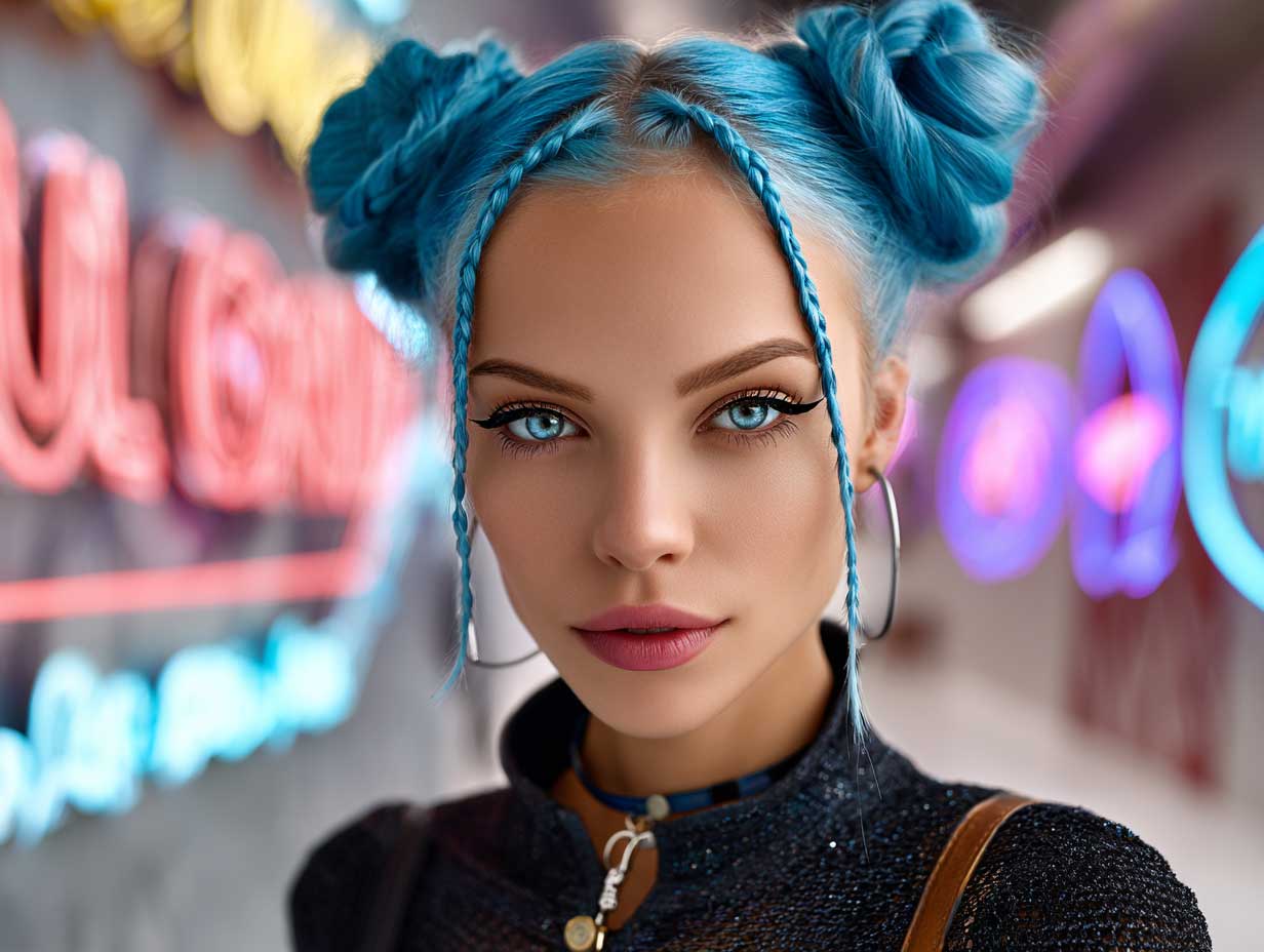 stylish young woman with an oval face, ultraviolet hair styled in space buns with braided underlayers, graphic eyeliner, street fashion, futuristic setting with neon signage