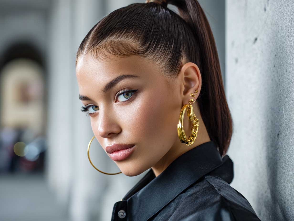 portrait photo of a stylish young woman with a round face, high sleek ponytail with sharp baby hairs, smooth makeup look, wearing gold hoop earrings, streetwear outfit, urban background, cinematic lighting