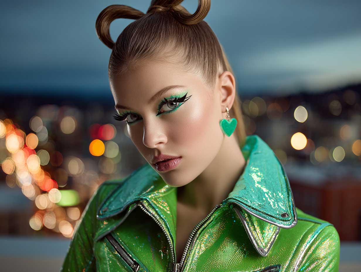 stylized photo of a fierce woman with a heart shaped face, high ponytail in electric green, curled ends, winged eyeliner, holographic jacket, city lights background, moody cinematic glow