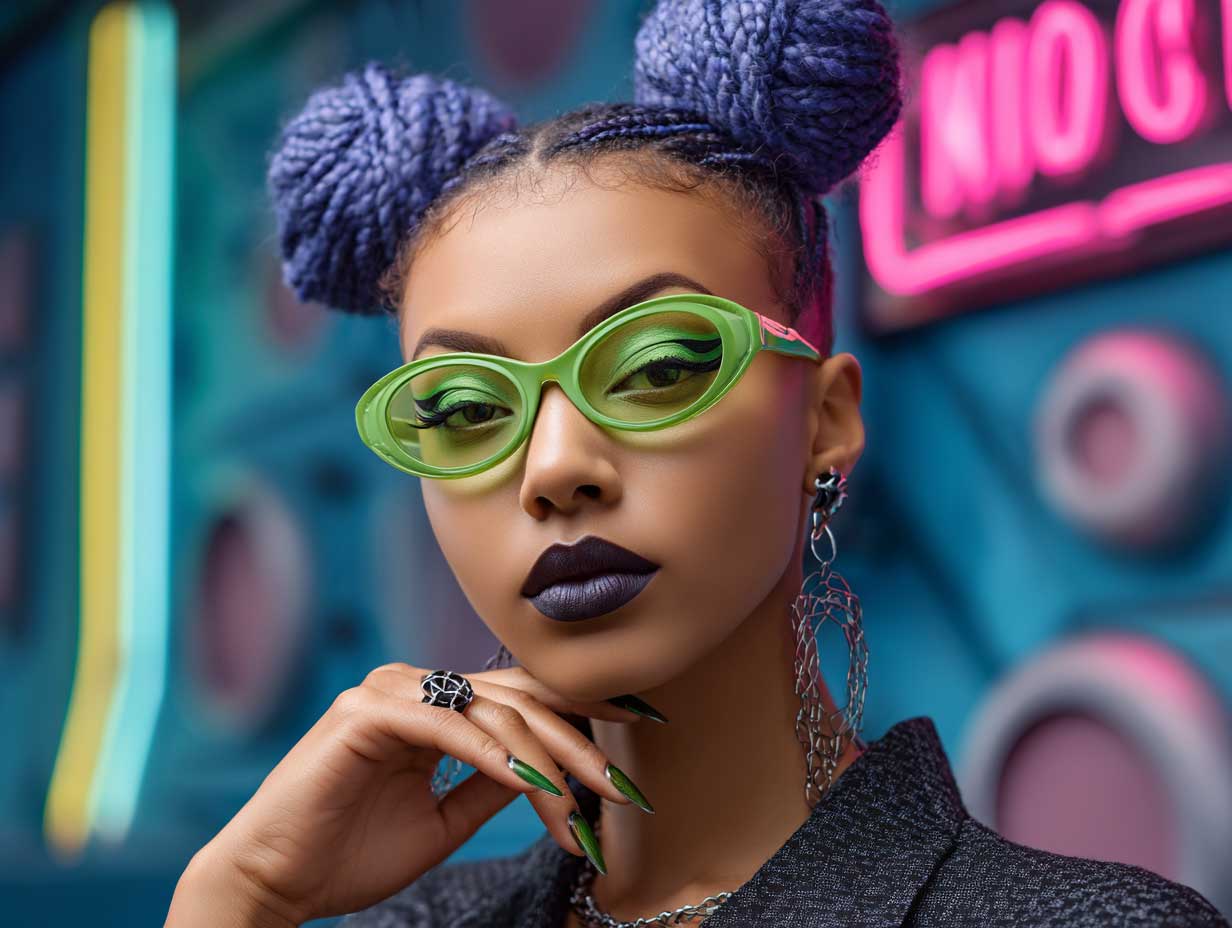 stylish young woman with an oval face, ultraviolet hair styled in space buns with braided underlayers, graphic eyeliner, street fashion, futuristic setting with neon signage