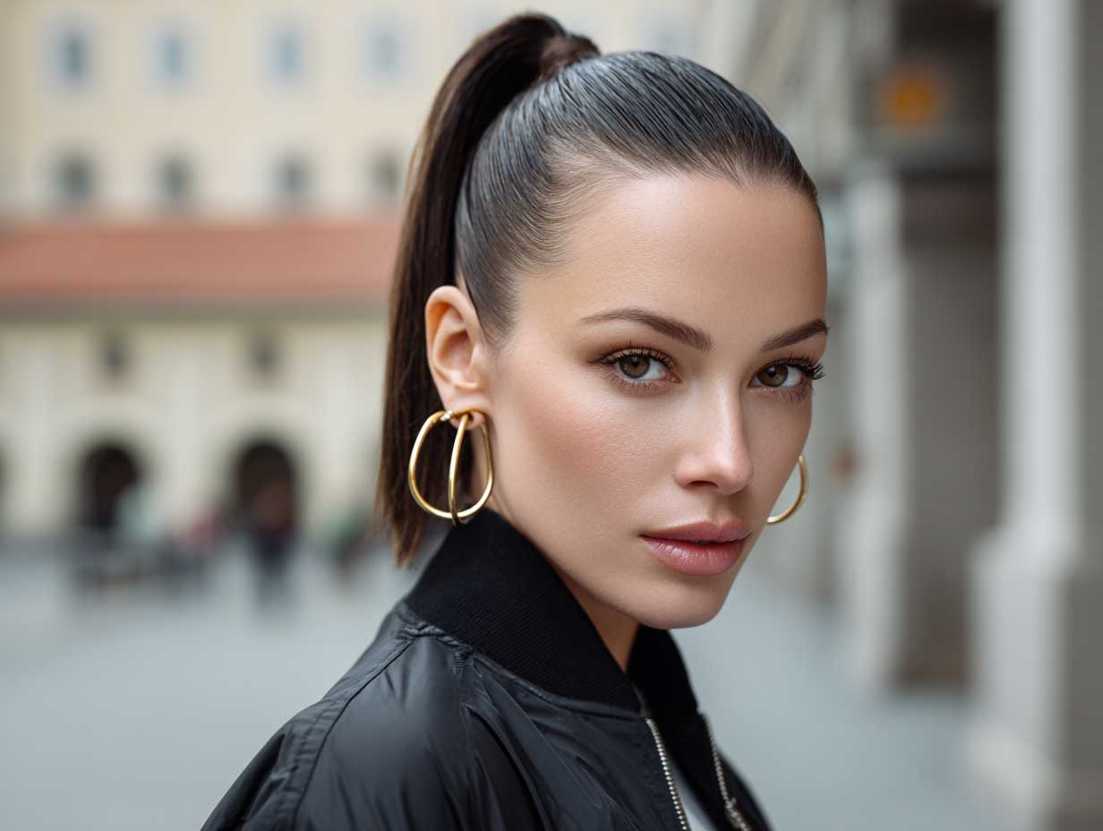 portrait photo of a stylish young woman with a round face, high sleek ponytail with sharp baby hairs, smooth makeup look, wearing gold hoop earrings, streetwear outfit, urban background, cinematic lighting