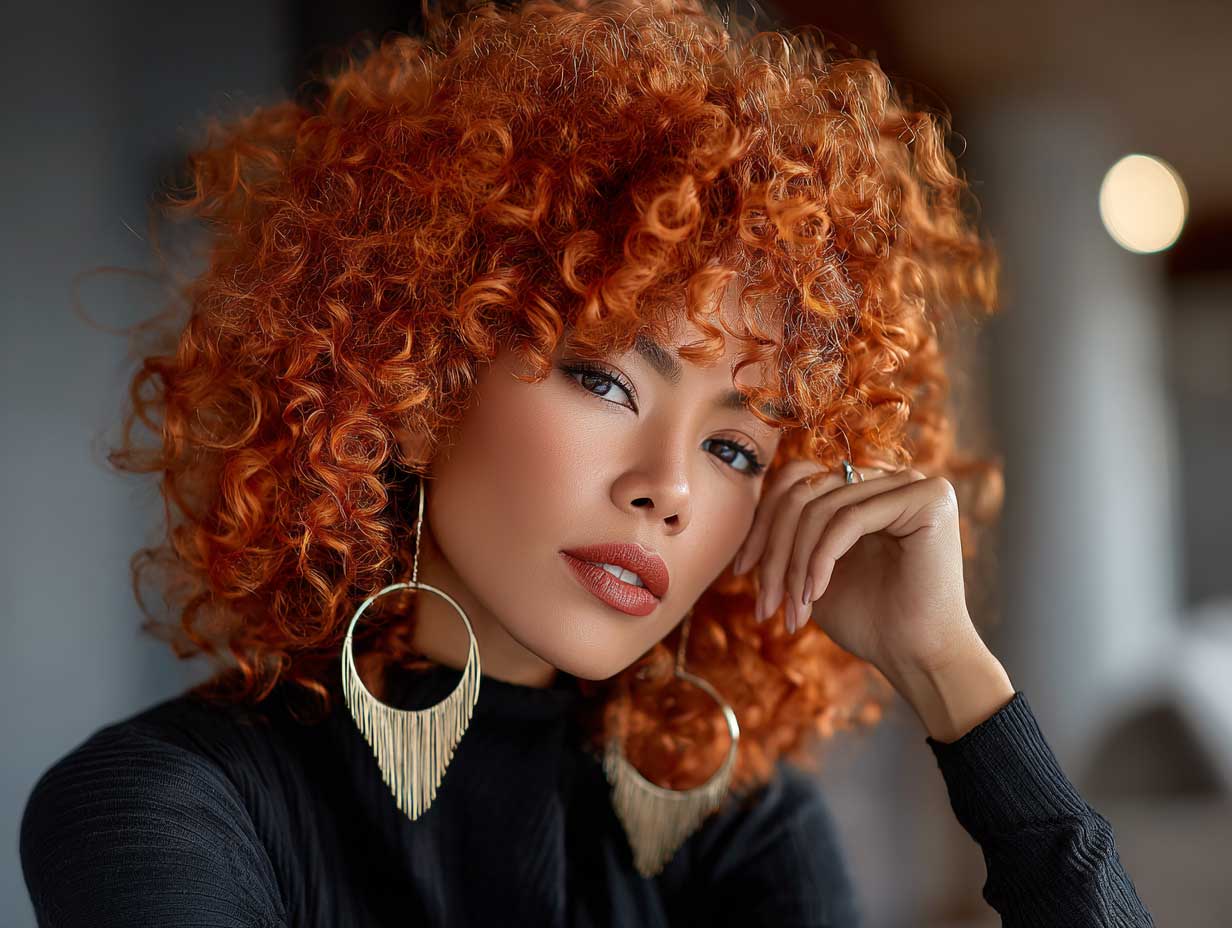 beauty photo of a stylish woman with a heart shaped face, shoulder-length fiery orange curls, warm-toned makeup, large hoops, chic top, modern interior background, soft ambient light
