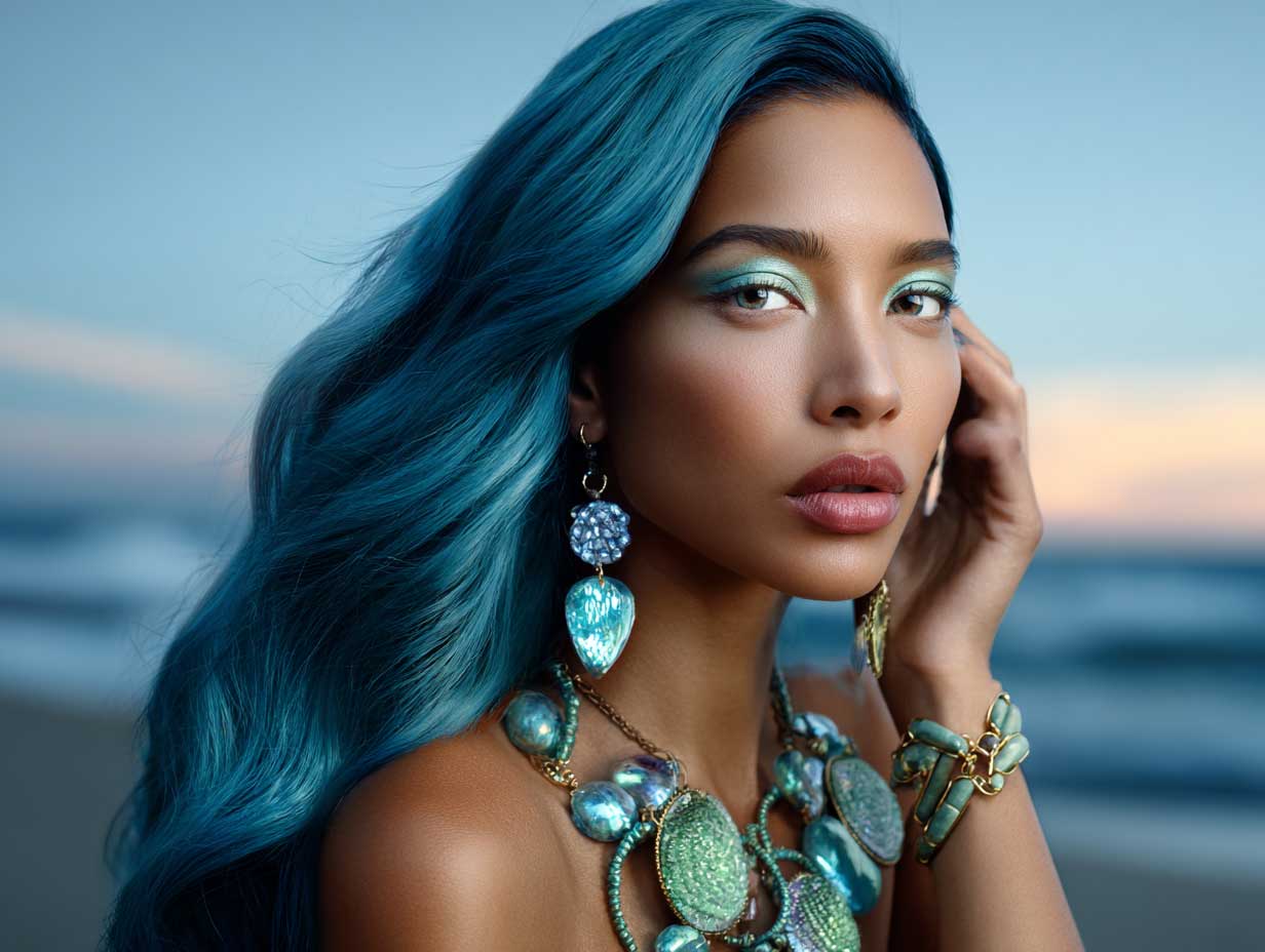 editorial-style image of a woman with an oval face, long teal blue mermaid waves, deep side part, glossy skin, iridescent accessories, ocean-inspired background, glowing sunset light