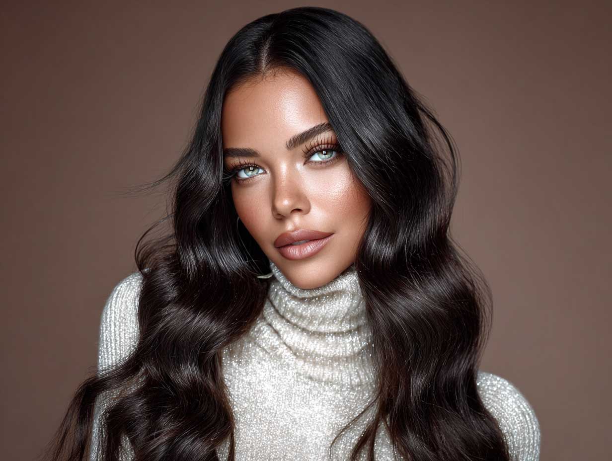 beauty shot of a confident woman with a round face, long glossy waves with a middle part, dramatic lashes and makeup, luxury fashion outfit, glowing skin, editorial background