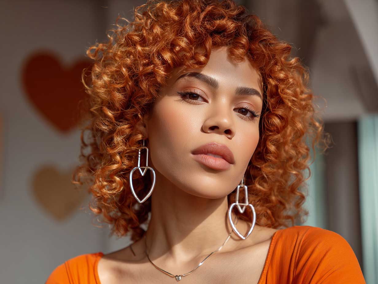 beauty photo of a stylish woman with a heart shaped face, shoulder-length fiery orange curls, warm-toned makeup, large hoops, chic top, modern interior background, soft ambient light