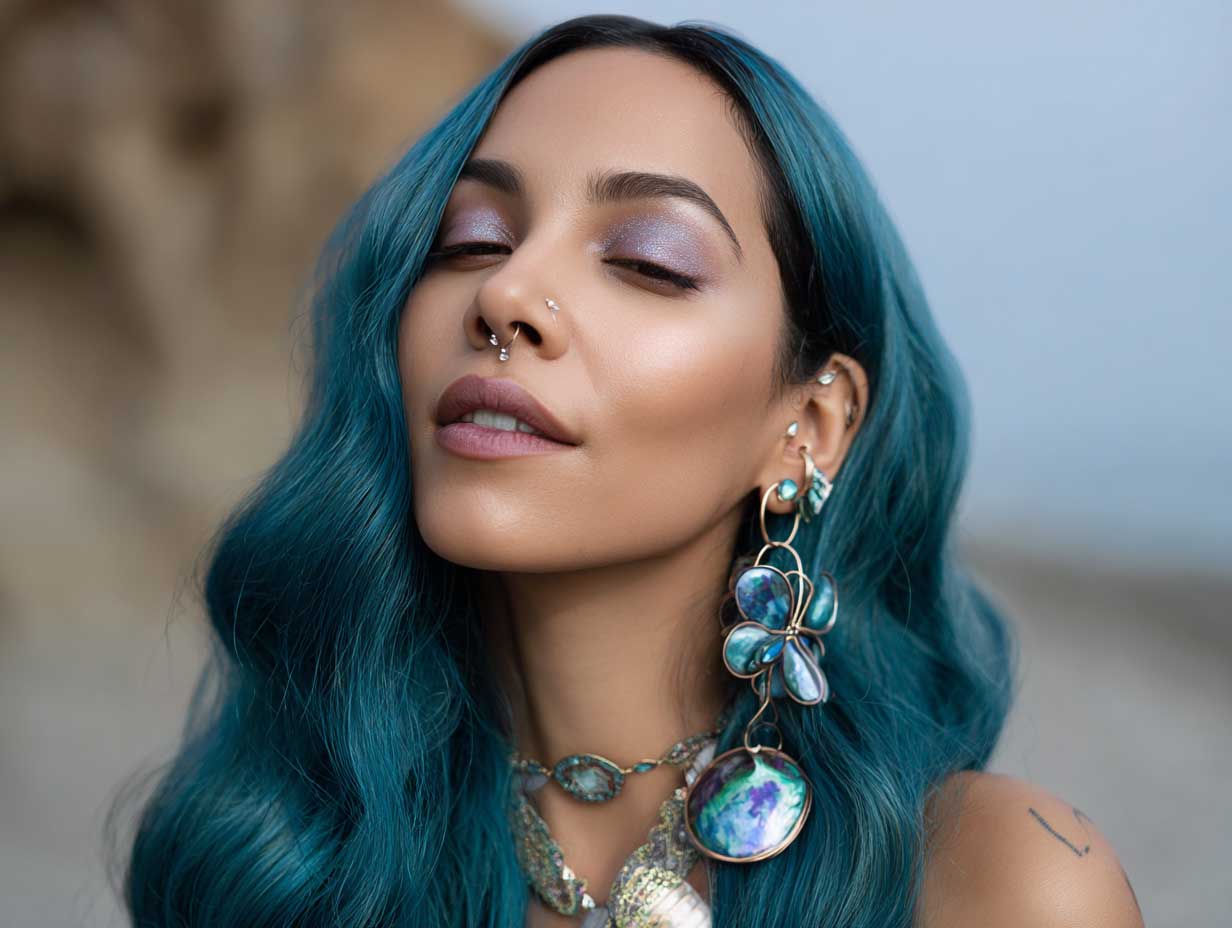 editorial-style image of a woman with an oval face, long teal blue mermaid waves, deep side part, glossy skin, iridescent accessories, ocean-inspired background, glowing sunset light