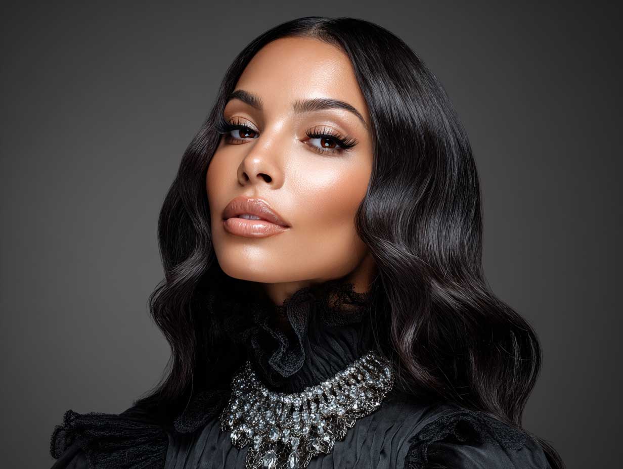 beauty shot of a confident woman with a round face, long glossy waves with a middle part, dramatic lashes and makeup, luxury fashion outfit, glowing skin, editorial background