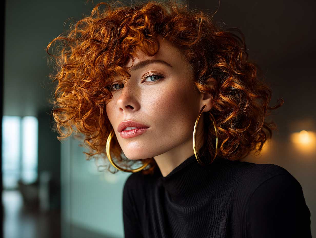 beauty photo of a stylish woman with a heart shaped face, shoulder-length fiery orange curls, warm-toned makeup, large hoops, chic top, modern interior background, soft ambient light