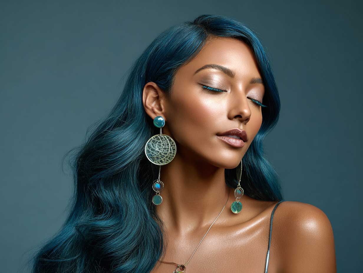editorial-style image of a woman with an oval face, long teal blue mermaid waves, deep side part, glossy skin, iridescent accessories, ocean-inspired background, glowing sunset light