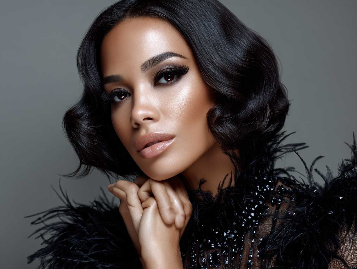 beauty shot of a confident woman with a round face, long glossy waves with a middle part, dramatic lashes and makeup, luxury fashion outfit, glowing skin, editorial background