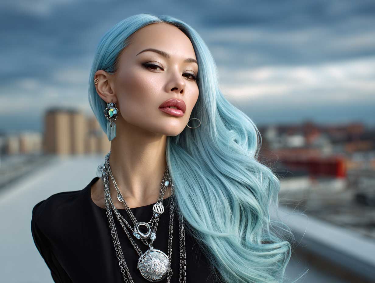 editorial photo of a woman with a heart shaped face, aqua blue long layered hair, layers framing the face, glossy makeup, modern accessories, urban rooftop background, dramatic lighting