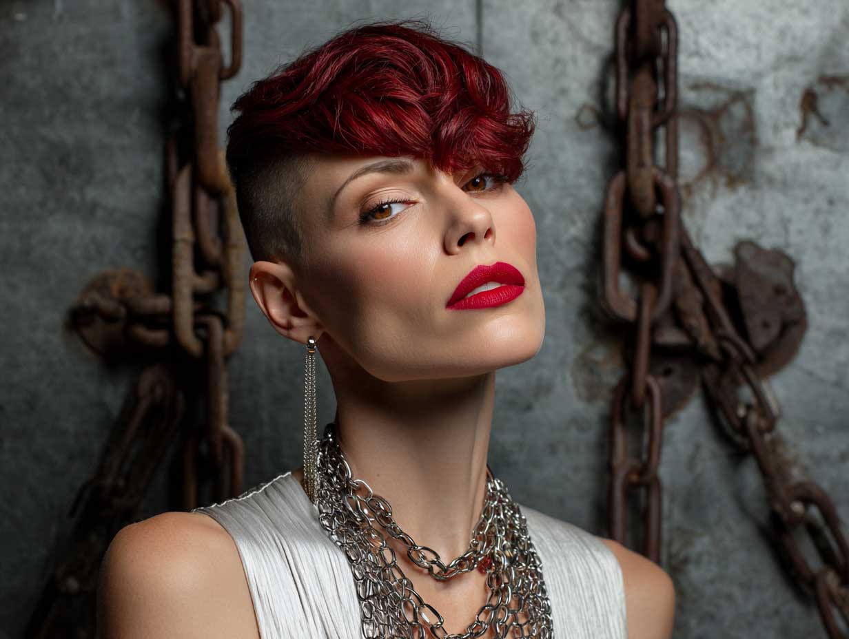 fashion-forward photo of a woman with an oval face, cherry red voluminous pixie cut with one shaved side, matte red lips, chain jewelry, industrial background, directional lighting