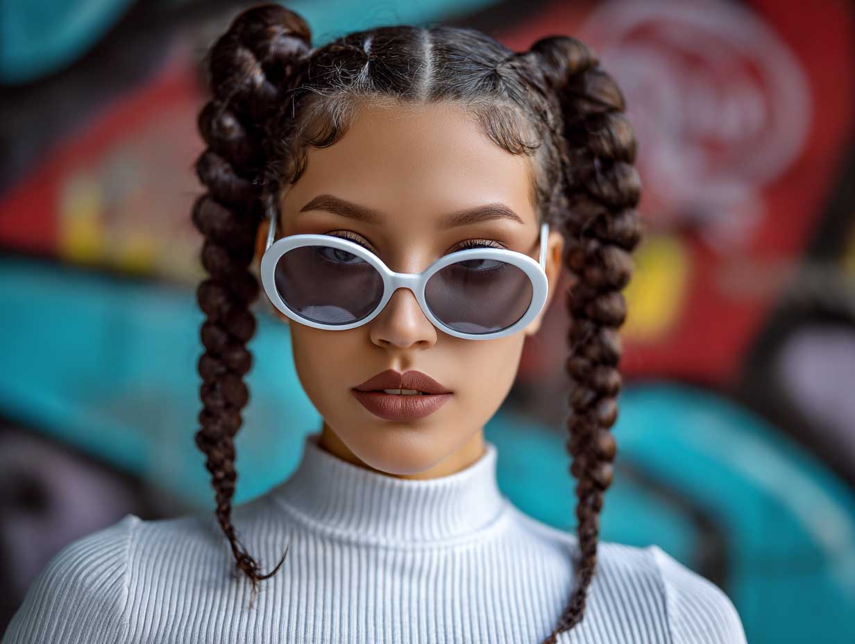 cool urban photo of a woman with a round face, two long tight braided pigtails, soft face-framing tendrils, oversized sunglasses, streetwear fashion, graffiti wall background