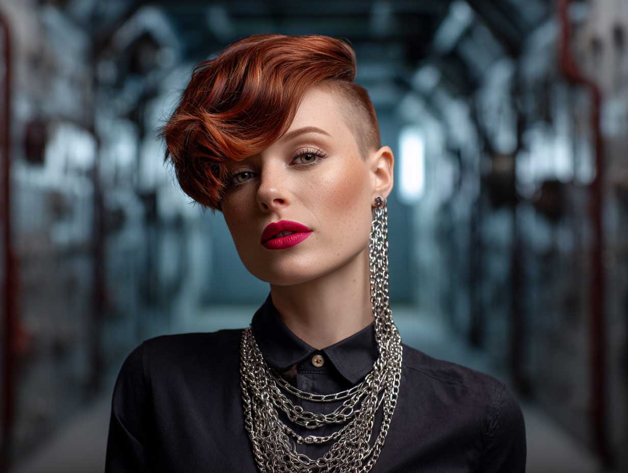 fashion-forward photo of a woman with an oval face, cherry red voluminous pixie cut with one shaved side, matte red lips, chain jewelry, industrial background, directional lighting