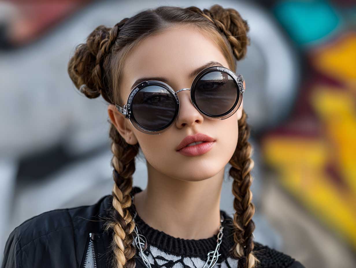 cool urban photo of a woman with a round face, two long tight braided pigtails, soft face-framing tendrils, oversized sunglasses, streetwear fashion, graffiti wall background