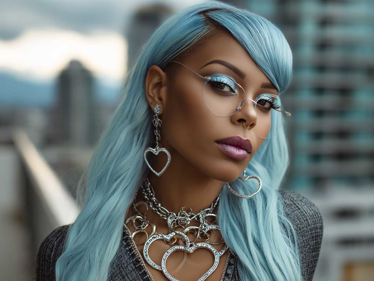 editorial photo of a woman with a heart shaped face, aqua blue long layered hair, layers framing the face, glossy makeup, modern accessories, urban rooftop background, dramatic lighting