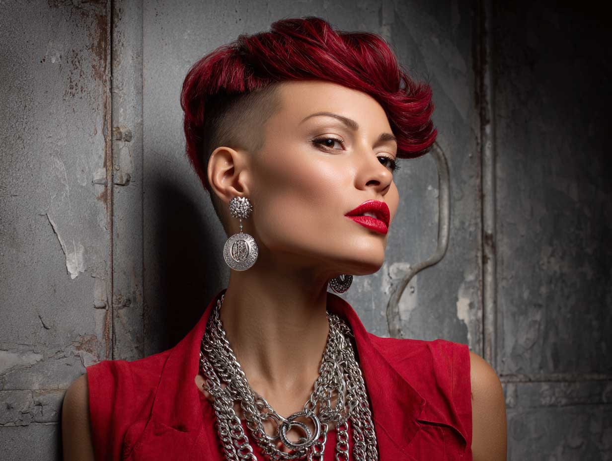 fashion-forward photo of a woman with an oval face, cherry red voluminous pixie cut with one shaved side, matte red lips, chain jewelry, industrial background, directional lighting