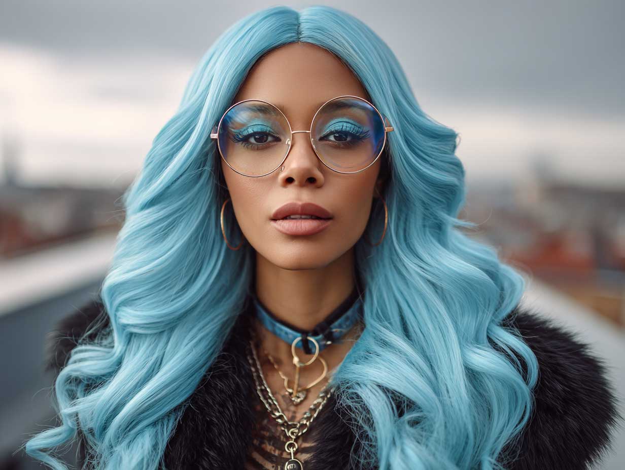 editorial photo of a woman with a heart shaped face, aqua blue long layered hair, layers framing the face, glossy makeup, modern accessories, urban rooftop background, dramatic lighting