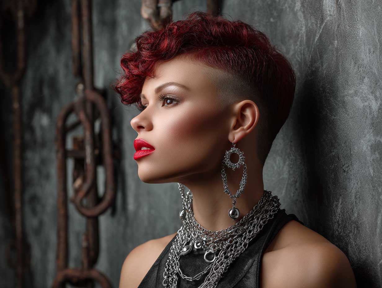 fashion-forward photo of a woman with an oval face, cherry red voluminous pixie cut with one shaved side, matte red lips, chain jewelry, industrial background, directional lighting
