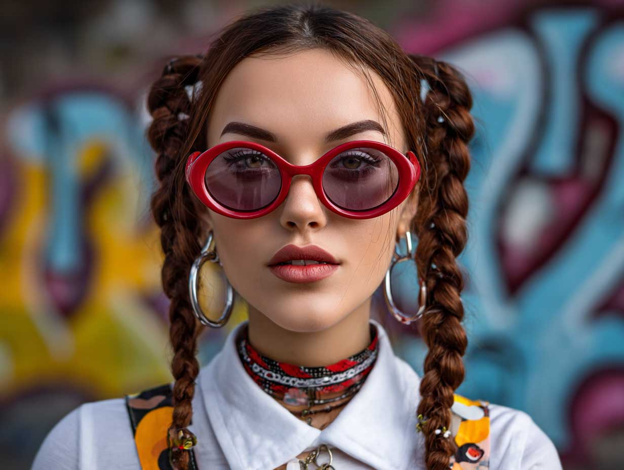 cool urban photo of a woman with a round face, two long tight braided pigtails, soft face-framing tendrils, oversized sunglasses, streetwear fashion, graffiti wall background
