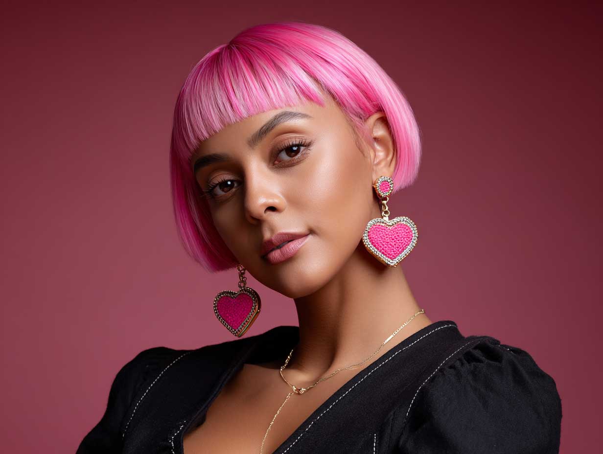 portrait of a confident woman with a heart shaped face, bright pink asymmetrical lob haircut, blunt ends, bold makeup, oversized earrings, edgy fashion outfit, glowing lighting, vibrant background