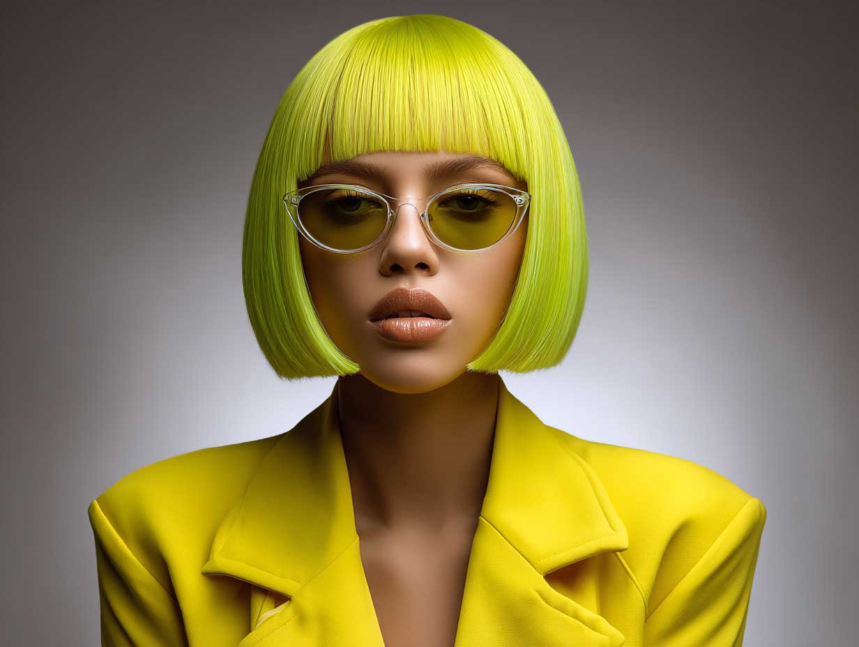 portrait of a fashionable woman with an oval face, neon yellow blunt bob with straight bangs, matte makeup, dark sunglasses, sporty crop jacket, clean studio background with soft shadows