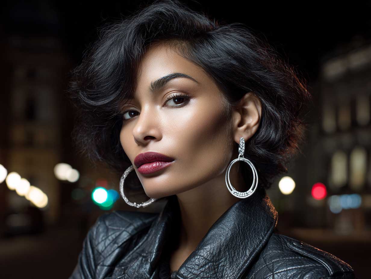 fashion portrait of a woman with a round face, voluminous side-part bob, fierce makeup, silver hoop earrings, leather jacket, city night background, moody lighting