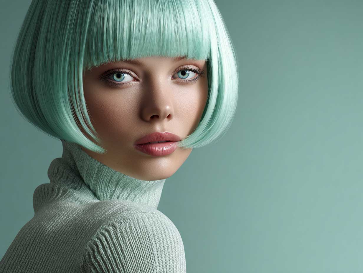 modern woman with mint green inverted bob, angled cut, clean styling, round face, high-resolution fashion photography, light clean environment