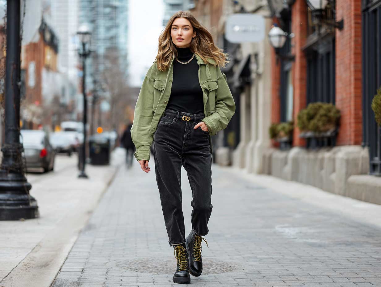 full-length supermodel walking urban street wearing black high-waisted jeans black turtleneck olive green utility jacket chunky black boots edgy streetwear fall fashion natural lighting cinematic style
