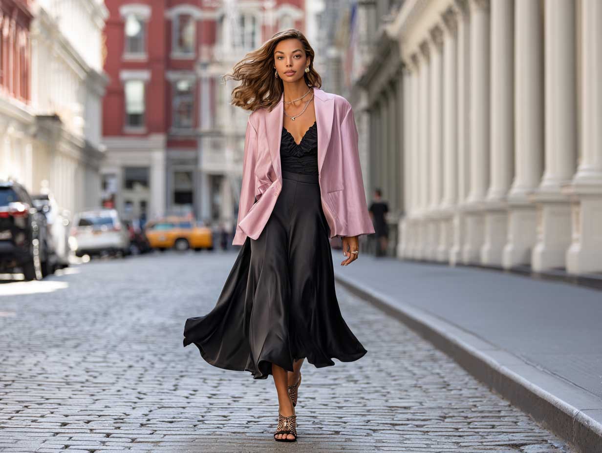 full-length supermodel walking urban street in black midi skirt black camisole oversized light pink blazer heeled sandals flowy fashion magazine style soft wind movement