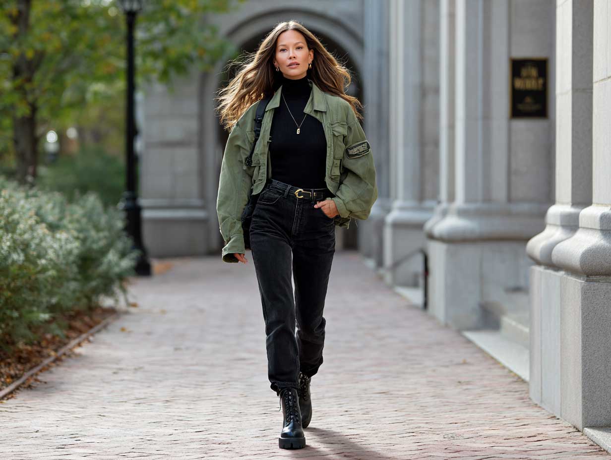 full-length supermodel walking urban street wearing black high-waisted jeans black turtleneck olive green utility jacket chunky black boots edgy streetwear fall fashion natural lighting cinematic style