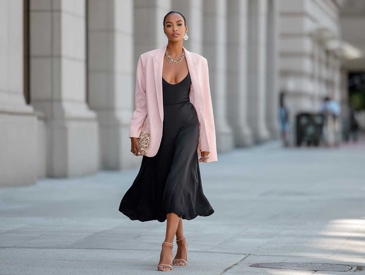 full-length supermodel walking urban street in black midi skirt black camisole oversized light pink blazer heeled sandals flowy fashion magazine style soft wind movement