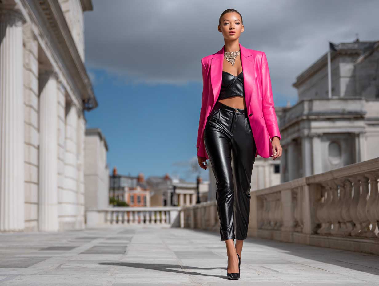 full-length supermodel city background wearing black faux leather pants black crop top tailored bright pink blazer high heels power chic look soft lighting editorial photography