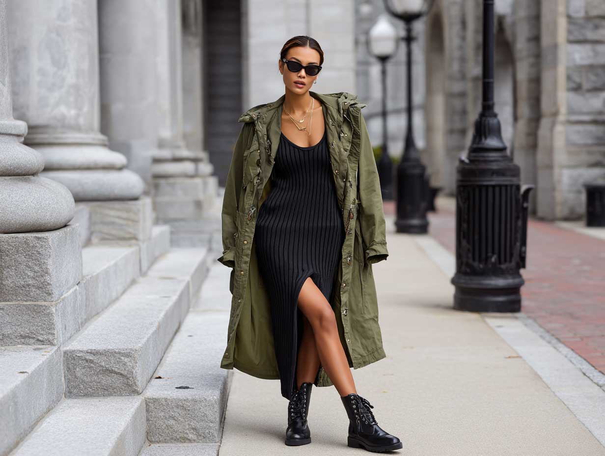 full-length supermodel in soft urban setting black ribbed knit dress with slit olive green parka black leather ankle boots autumn street style refined feminine aesthetic soft light