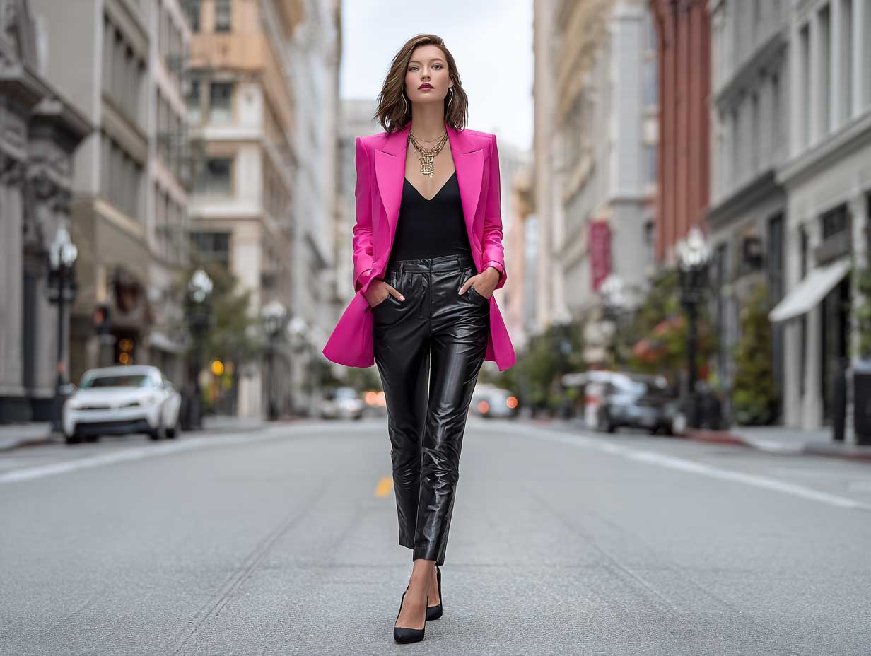 full-length supermodel city background wearing black faux leather pants black crop top tailored bright pink blazer high heels power chic look soft lighting editorial photography