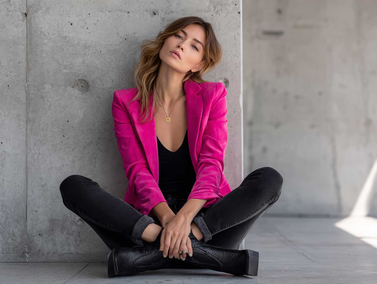 full-length supermodel leaning against concrete wall black skinny jeans black tank top structured hot pink blazer black ankle boots modern street fashion soft natural light