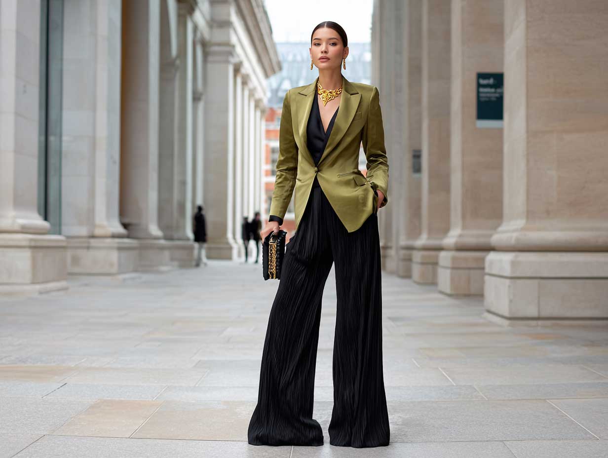 full-length supermodel standing confidently in city plaza in black pleated trousers black silk blouse tailored olive green blazer gold accessories clean minimalist fashion look magazine editorial lighting