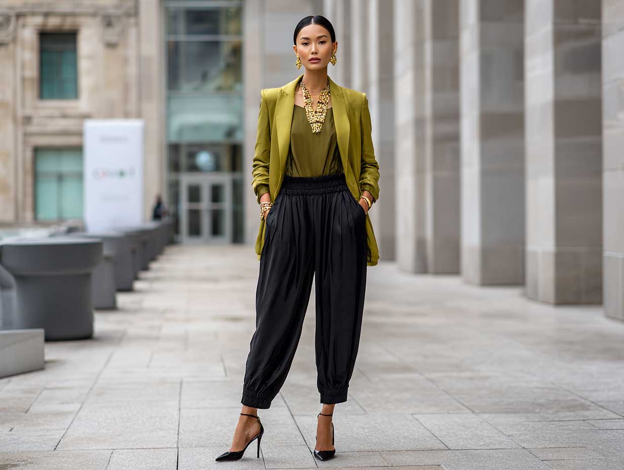 full-length supermodel standing confidently in city plaza in black pleated trousers black silk blouse tailored olive green blazer gold accessories clean minimalist fashion look magazine editorial lighting