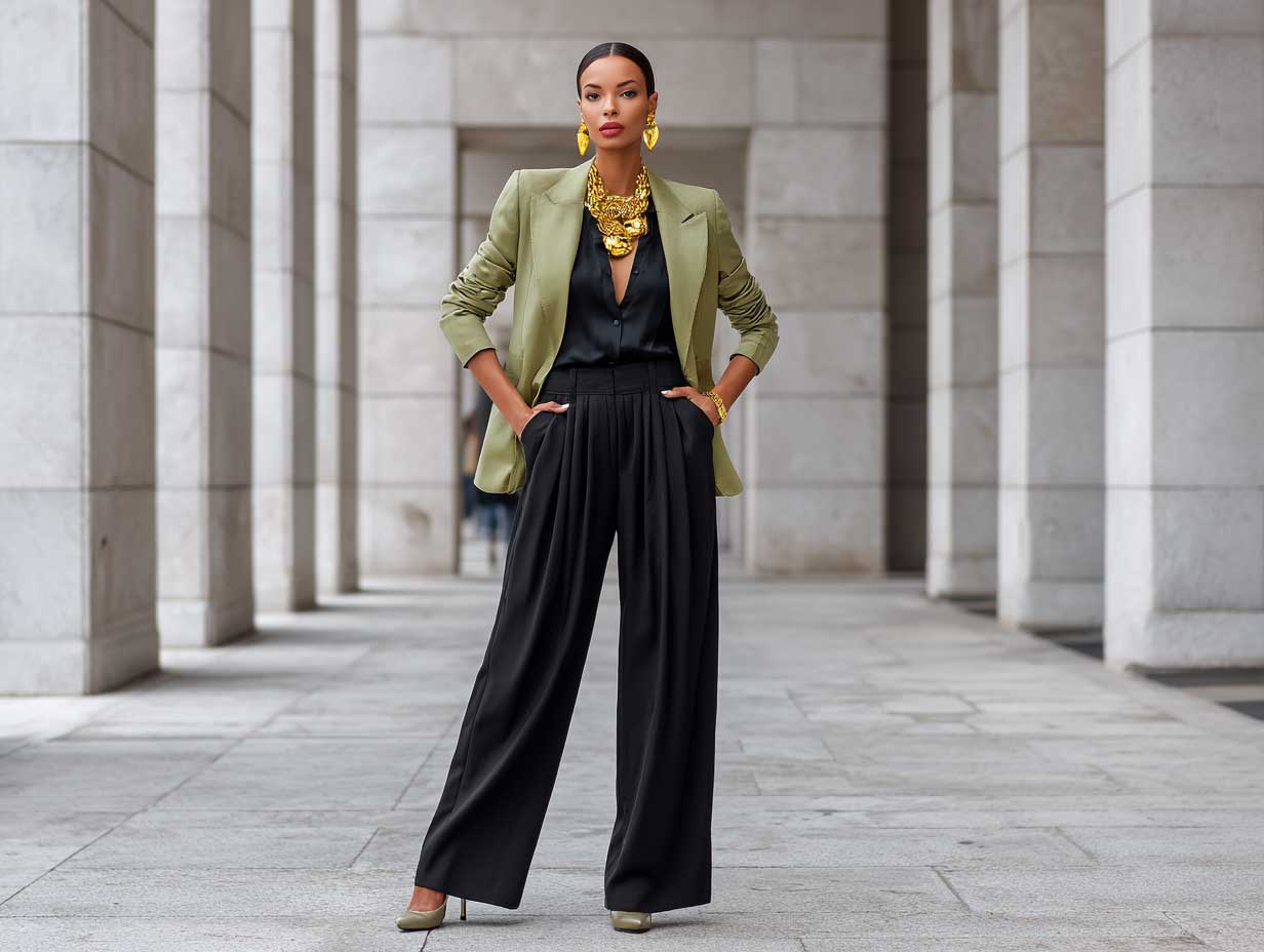 full-length supermodel standing confidently in city plaza in black pleated trousers black silk blouse tailored olive green blazer gold accessories clean minimalist fashion look magazine editorial lighting